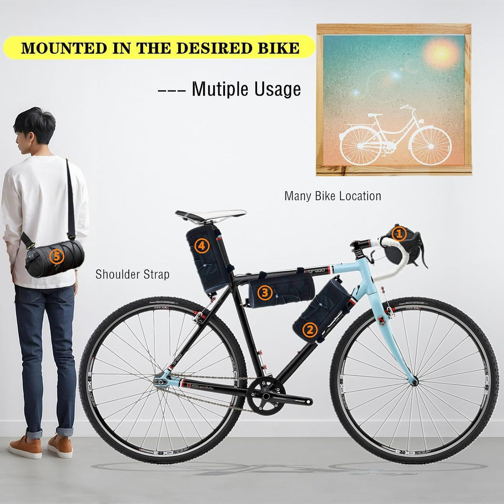 Bike Handlebar Bag Waterproof Bicycle Handlebar Roll Bag, Bike Front Pouch with Waterproof Zipper Shoulder Strap Removable Straps for Road Mountain Bike Cycling Travel (Black)