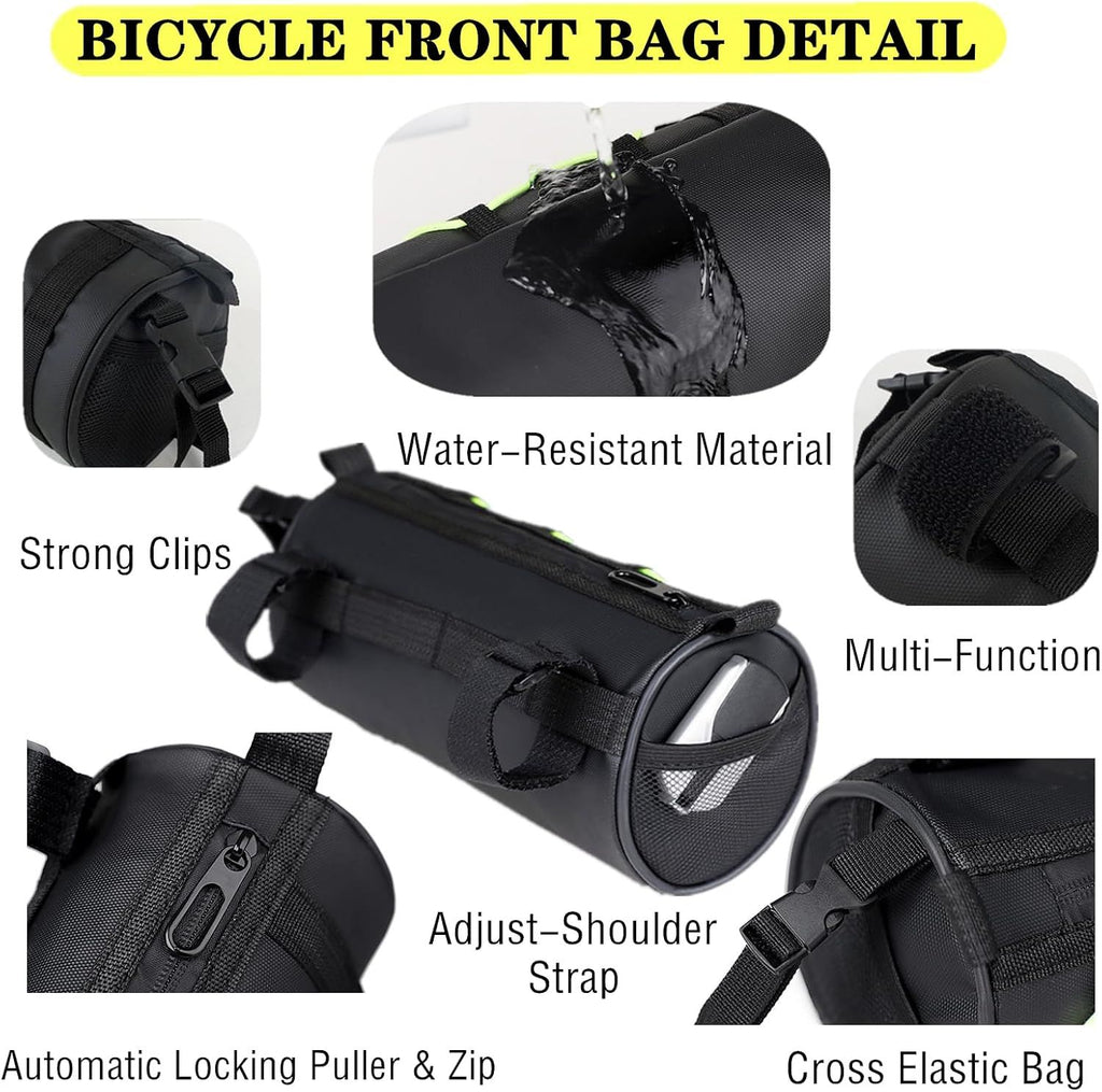 Bike Handlebar Bag Waterproof Bicycle Handlebar Roll Bag, Bike Front Pouch with Waterproof Zipper Shoulder Strap Removable Straps for Road Mountain Bike Cycling Travel (Black)