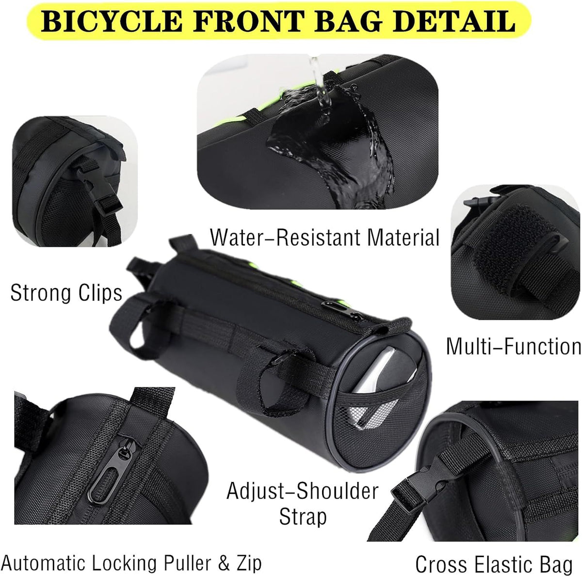 Bike Handlebar Bag Waterproof Bicycle Handlebar Roll Bag, Bike Front Pouch with Waterproof Zipper Shoulder Strap Removable Straps for Road Mountain Bike Cycling Travel (Black)