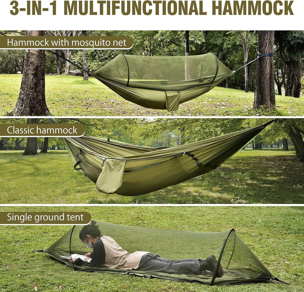 Camping Hammock with Mosquito Net, Lightweight Portable Double & Single Hammock Tent with 2 Tree Straps, Parachute Nylon Hammock for Outdoor Backpacking Beach Backyard Patio Hiking, Arm Green