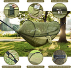 Camping Hammock with Mosquito Net, Lightweight Portable Double & Single Hammock Tent with 2 Tree Straps, Parachute Nylon Hammock for Outdoor Backpacking Beach Backyard Patio Hiking, Arm Green