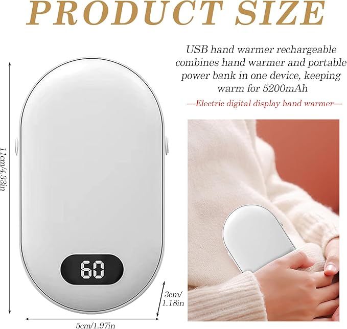 USB Pocket Hand Warmer, Portable Electric Hand Warmer, 10000mAh Rechargeable, for Outdoor Activities, Hunting, Golf, White