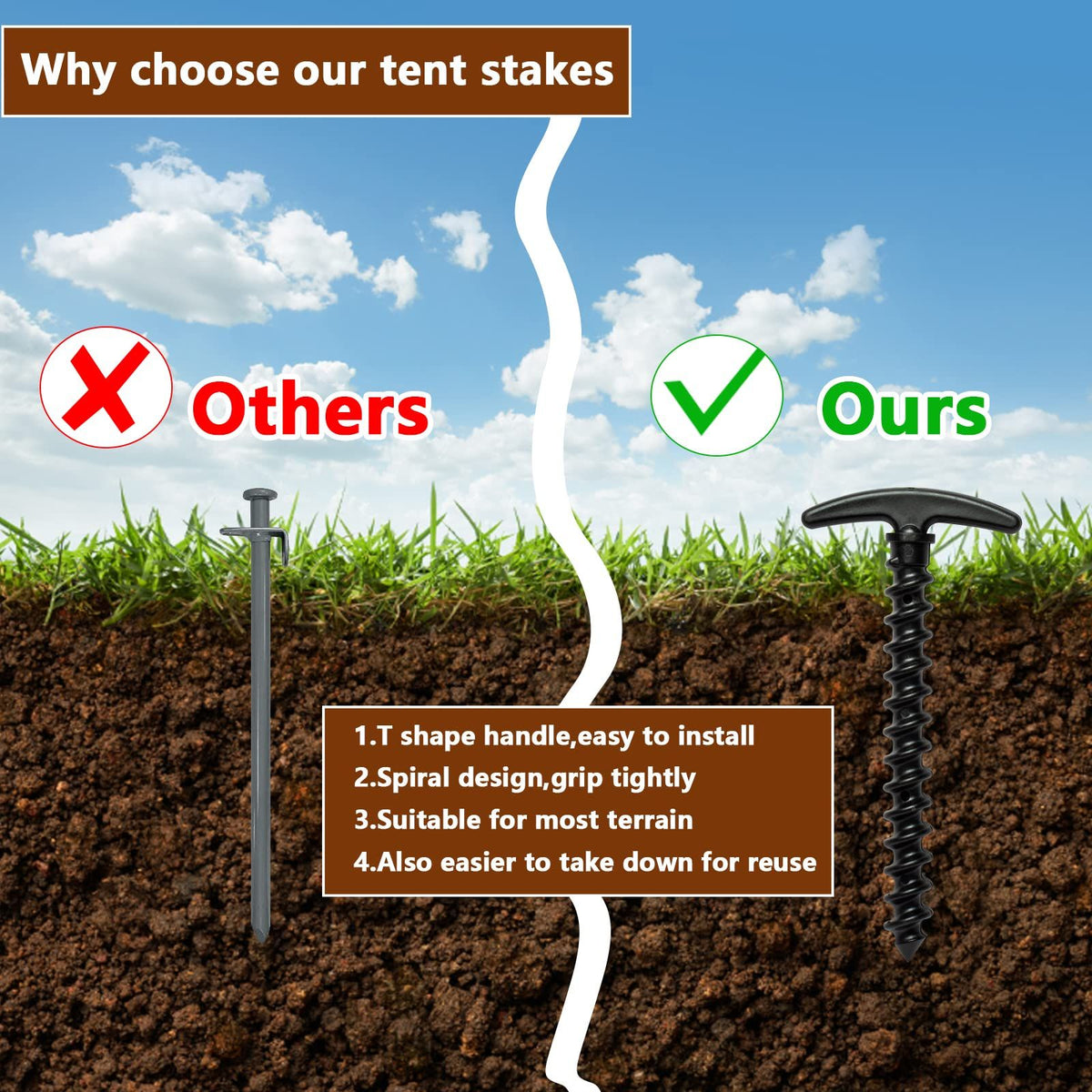Tent Stakes 10 Pack Ground Anchors Tent Pegs,5.7in T Shape Spiral Ground Stakes,Camping Stakes for Tent Tarps Canopy Camping