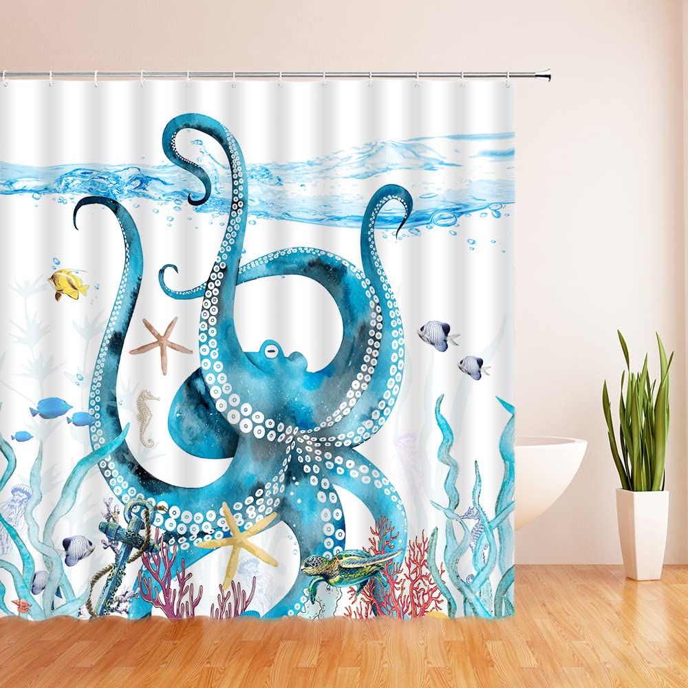 Blue Octopus Shower Curtain Tropical Funny Kraken Tentacles Sea Turtle Seahorse Starfish Ocean Animal Marine Life Coral Nautical