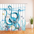 Blue Octopus Shower Curtain Tropical Funny Kraken Tentacles Sea Turtle Seahorse Starfish Ocean Animal Marine Life Coral Nautical