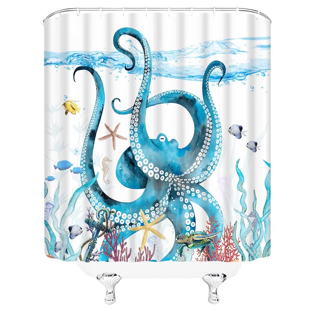 Blue Octopus Shower Curtain Tropical Funny Kraken Tentacles Sea Turtle Seahorse Starfish Ocean Animal Marine Life Coral Nautical