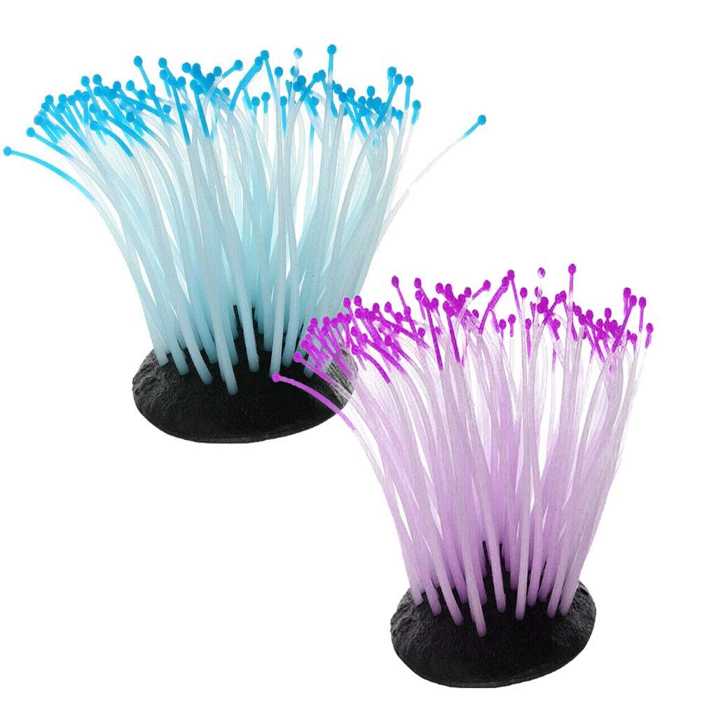 2 PCS Artificial Soft Sea Anemone Coral Plant for Aquarium Fish Tank Decoration Silicone Aquarium Ornament, Blue,Purple