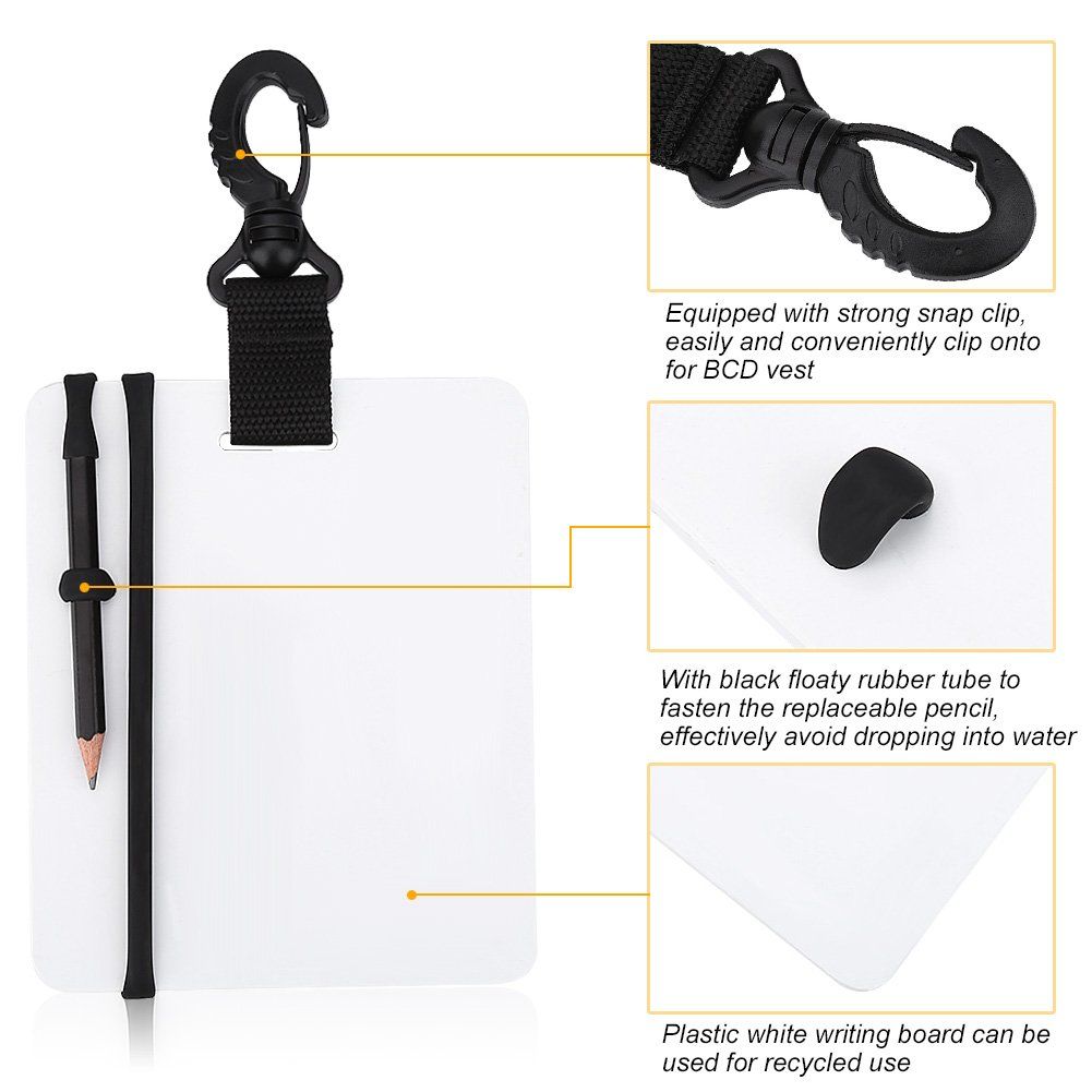 Diving writing board equipment with rotating clip and pencil, suitable for water sports such as diving and swimming