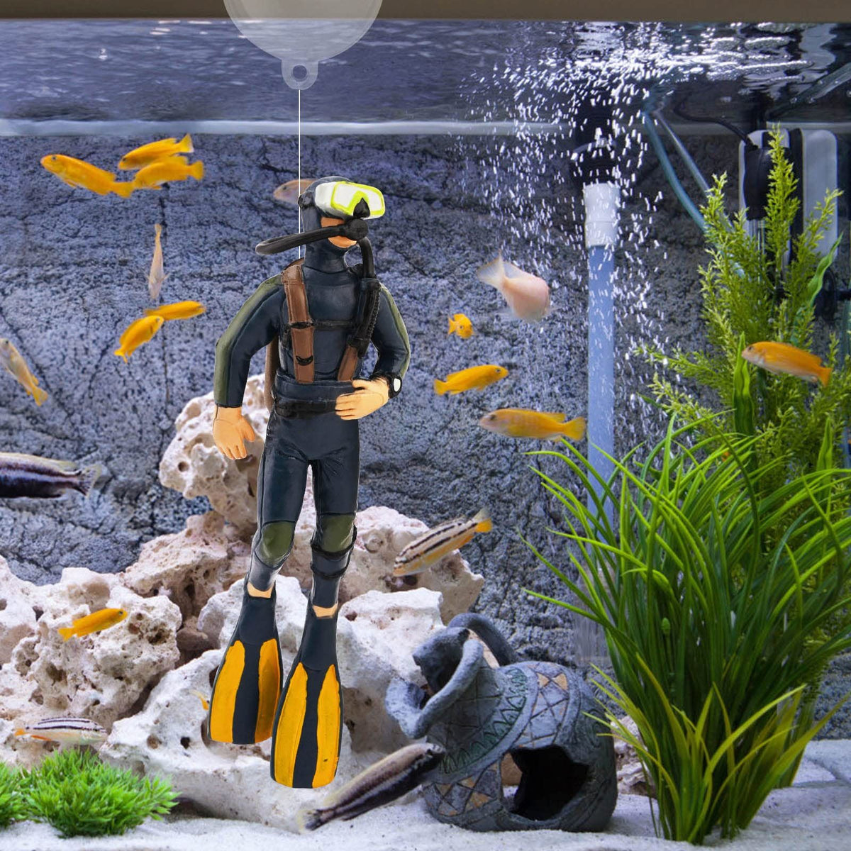 2PCS，Fish Tank Decorations Little Diver Decorative Ornament Floating Pendant for Creative Fish Tank Accessories
