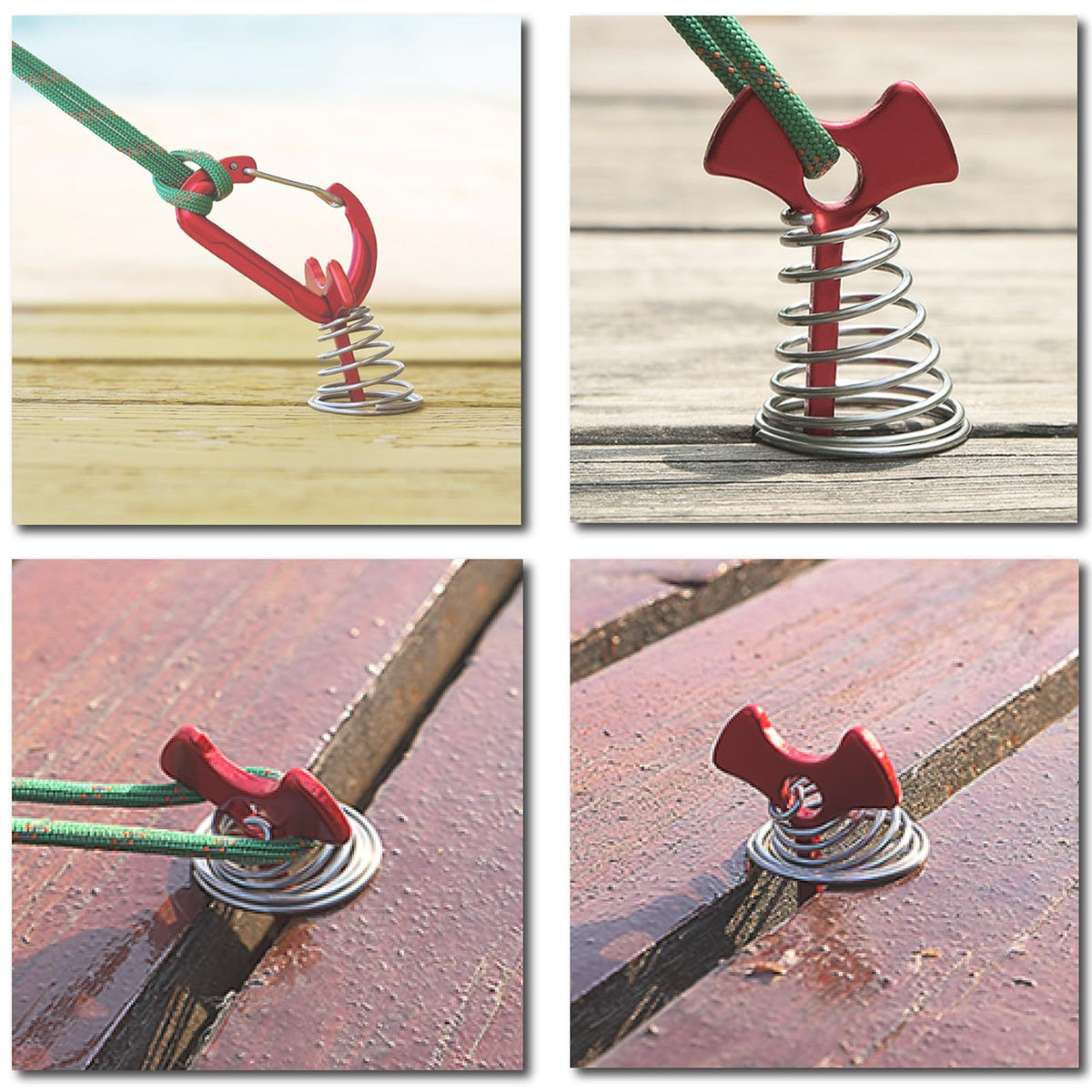 Deck Plank Board Tent Stakes Aluminum Spring Anchor Fishbone Guyline Cord Adjuster Tent Pegs with Carabiners for Outdoor Camping