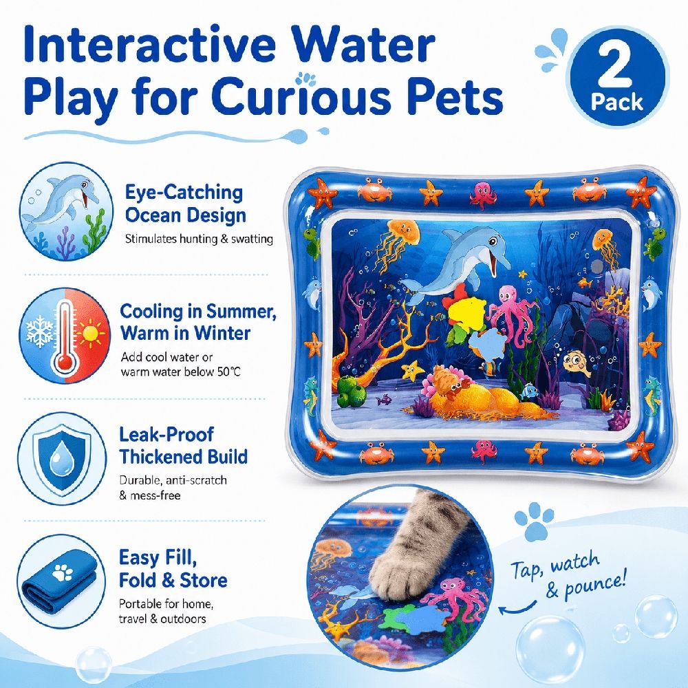 Cat Toys for Indoor Cats, Thickened Cat Water Mat & Leak-Proof Foldable Sensory Play Mat with Floating Fish for Exercise, Hunting and Swatting Play