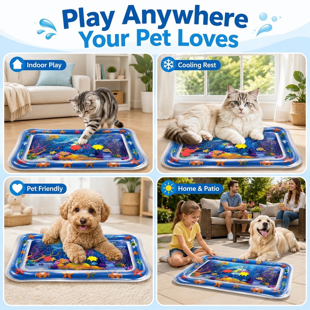 Cat Toys for Indoor Cats, Thickened Cat Water Mat & Leak-Proof Foldable Sensory Play Mat with Floating Fish for Exercise, Hunting and Swatting Play