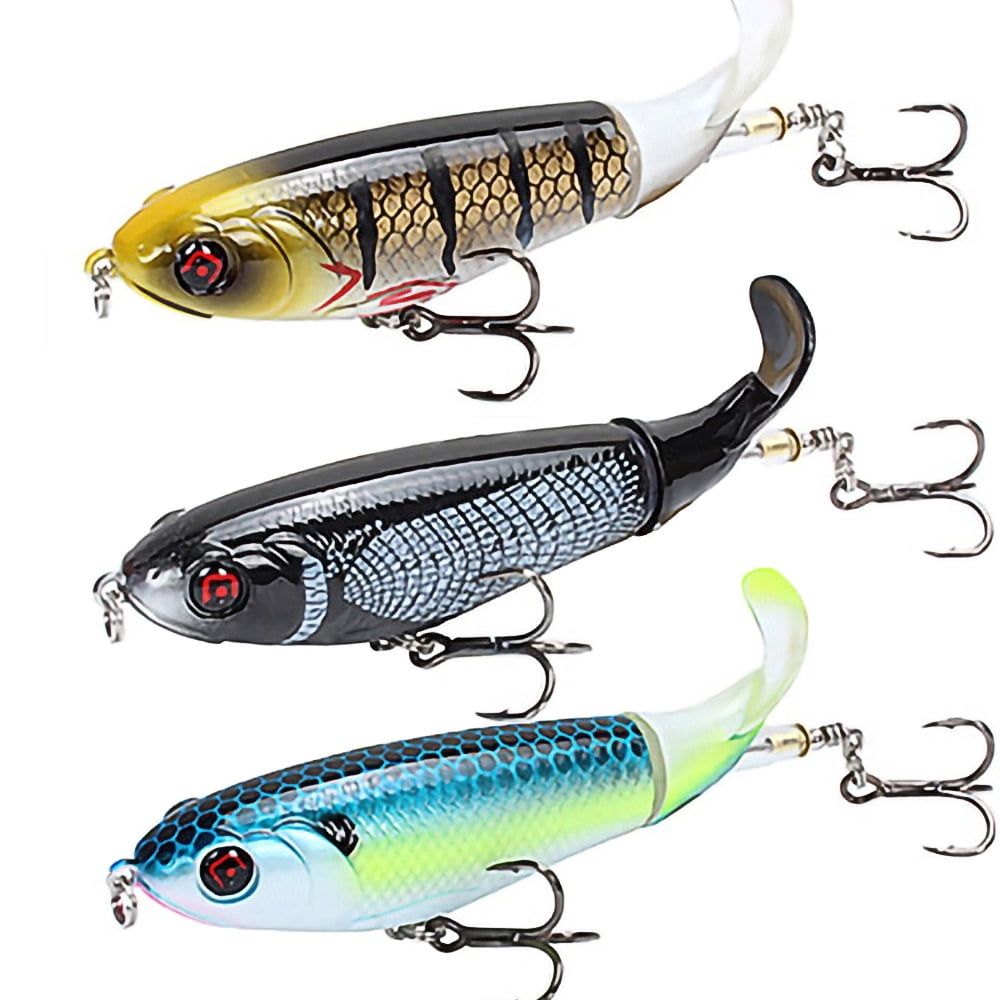 3PCS  Topwater Fishing Lure Artificial Hard Bait 3D Eyes Plopper With Soft Rotating Tail Fishing Tackle