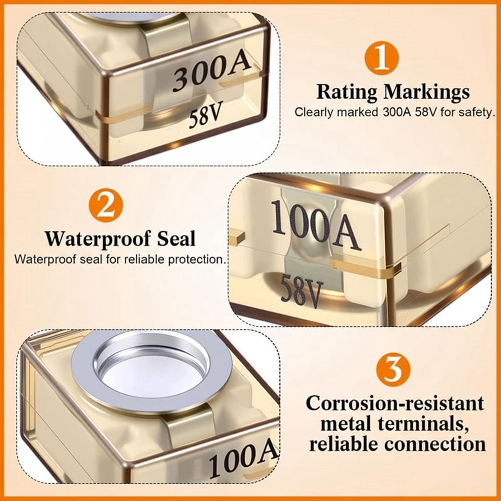 4 Pack 300A  Terminal Fuses, 58V DC Max IP66 Waterproof Marine Rated Battery Fuse for RV, Boat, EV, Crane