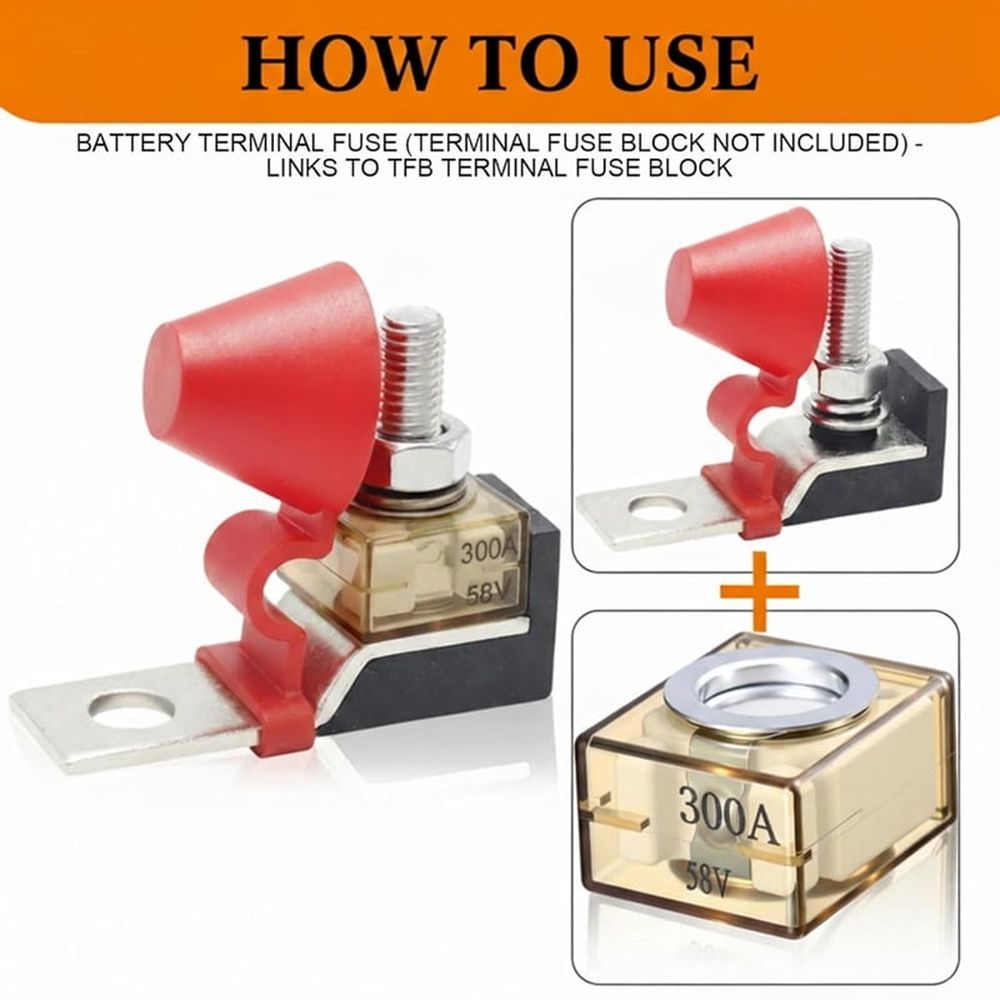4 Pack 300A  Terminal Fuses, 58V DC Max IP66 Waterproof Marine Rated Battery Fuse for RV, Boat, EV, Crane