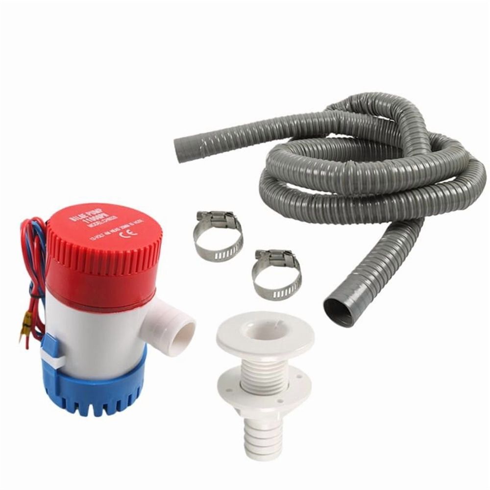 Boat Bilge Pump Plumbing Kit: 12V Pump with Corrugated Hose, Thru-Hull Fitting, 2 Clamps, Drain Outlet