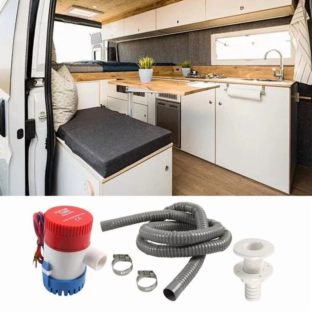 Boat Bilge Pump Plumbing Kit: 12V Pump with Corrugated Hose, Thru-Hull Fitting, 2 Clamps, Drain Outlet