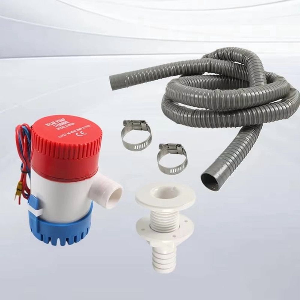 Boat Bilge Pump Plumbing Kit: 12V Pump with Corrugated Hose, Thru-Hull Fitting, 2 Clamps, Drain Outlet