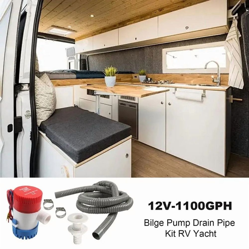 Boat Bilge Pump Plumbing Kit: 12V Pump with Corrugated Hose, Thru-Hull Fitting, 2 Clamps, Drain Outlet