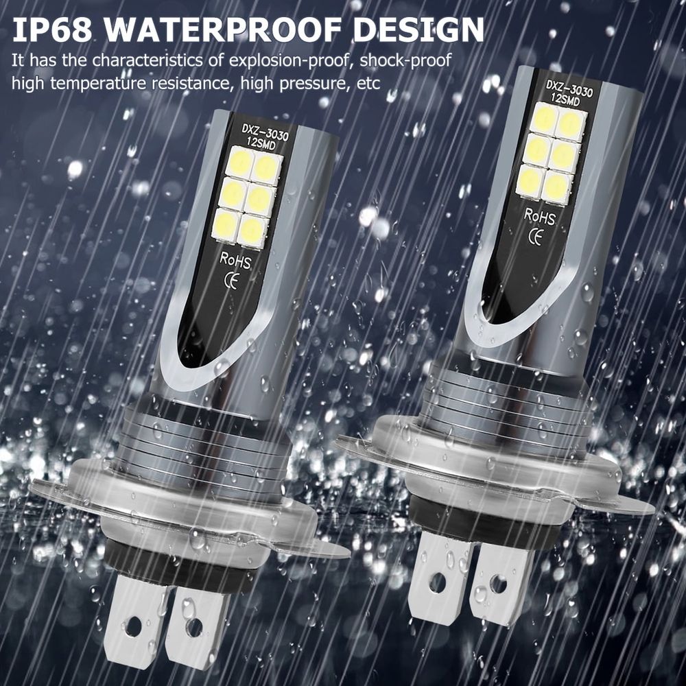 H7 LED Headlight Bulb 2PCS 6500K 600lm Fog Light Bulbs IP68 Waterproof Xenon Headlight Bulbs for 12V Cars Motorcycles Headlight High/Low beams Fog Light DRL