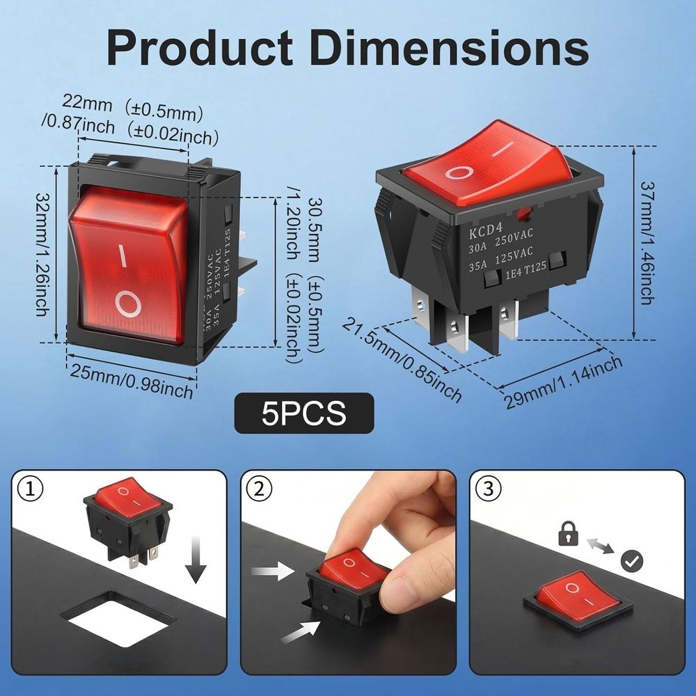 5Pcs 30A KCD4 Rocker Switch, 125V/250V AC DPST 4 Pin ON/OFF Toggle Switch, Waterproof Red Light Illuminated Power Switch Replacement for RV Yacht Automobile Boat