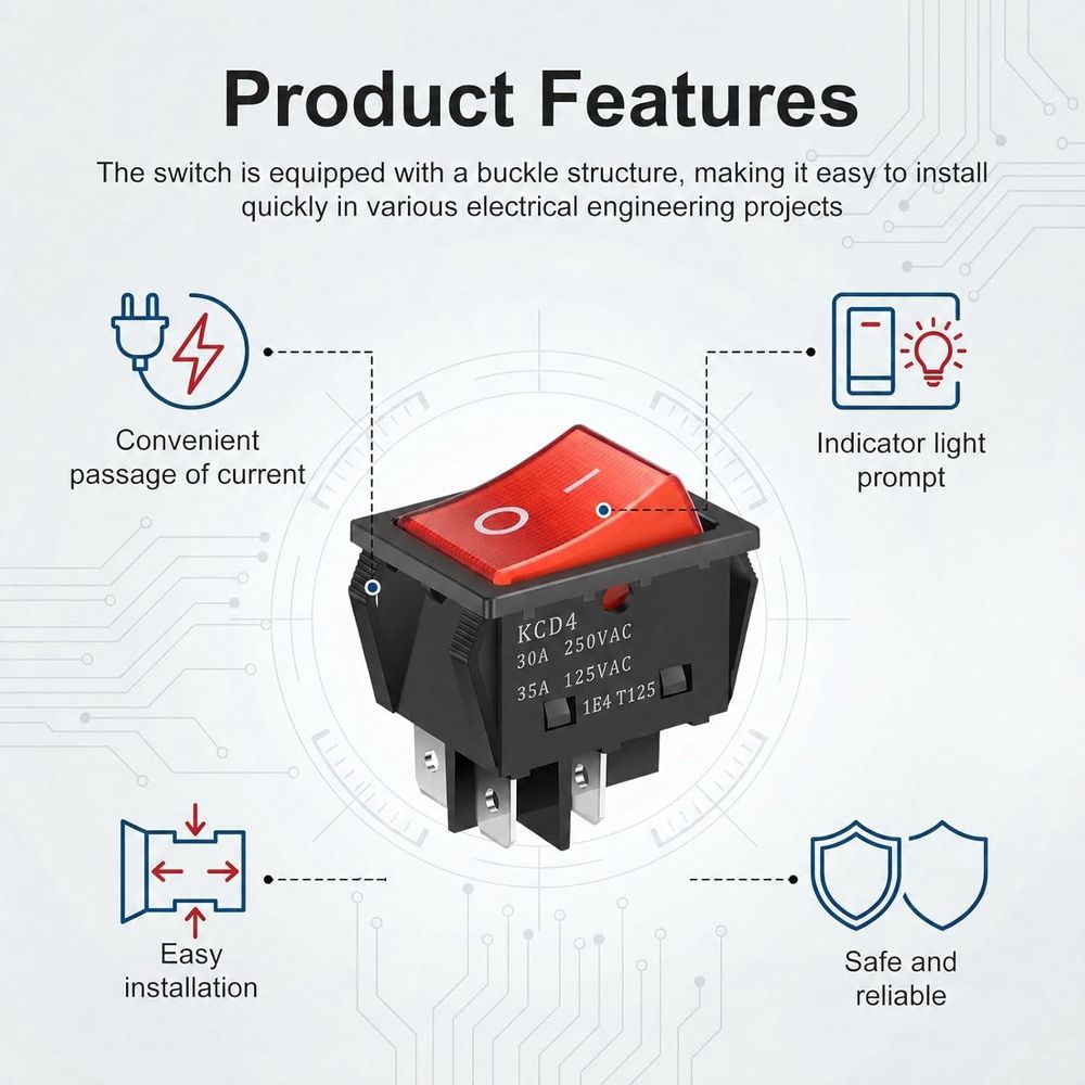 5Pcs 30A KCD4 Rocker Switch, 125V/250V AC DPST 4 Pin ON/OFF Toggle Switch, Waterproof Red Light Illuminated Power Switch Replacement for RV Yacht Automobile Boat