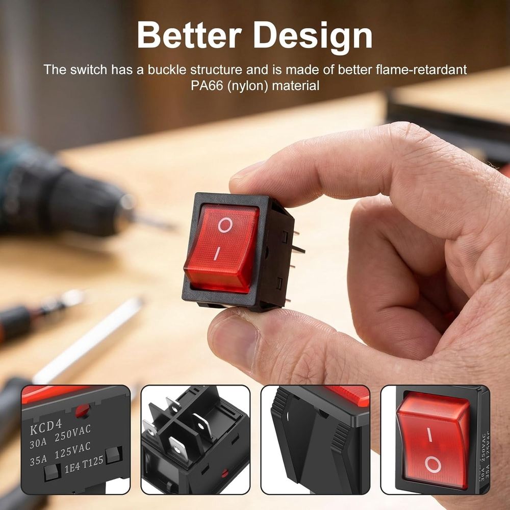 5Pcs 30A KCD4 Rocker Switch, 125V/250V AC DPST 4 Pin ON/OFF Toggle Switch, Waterproof Red Light Illuminated Power Switch Replacement for RV Yacht Automobile Boat