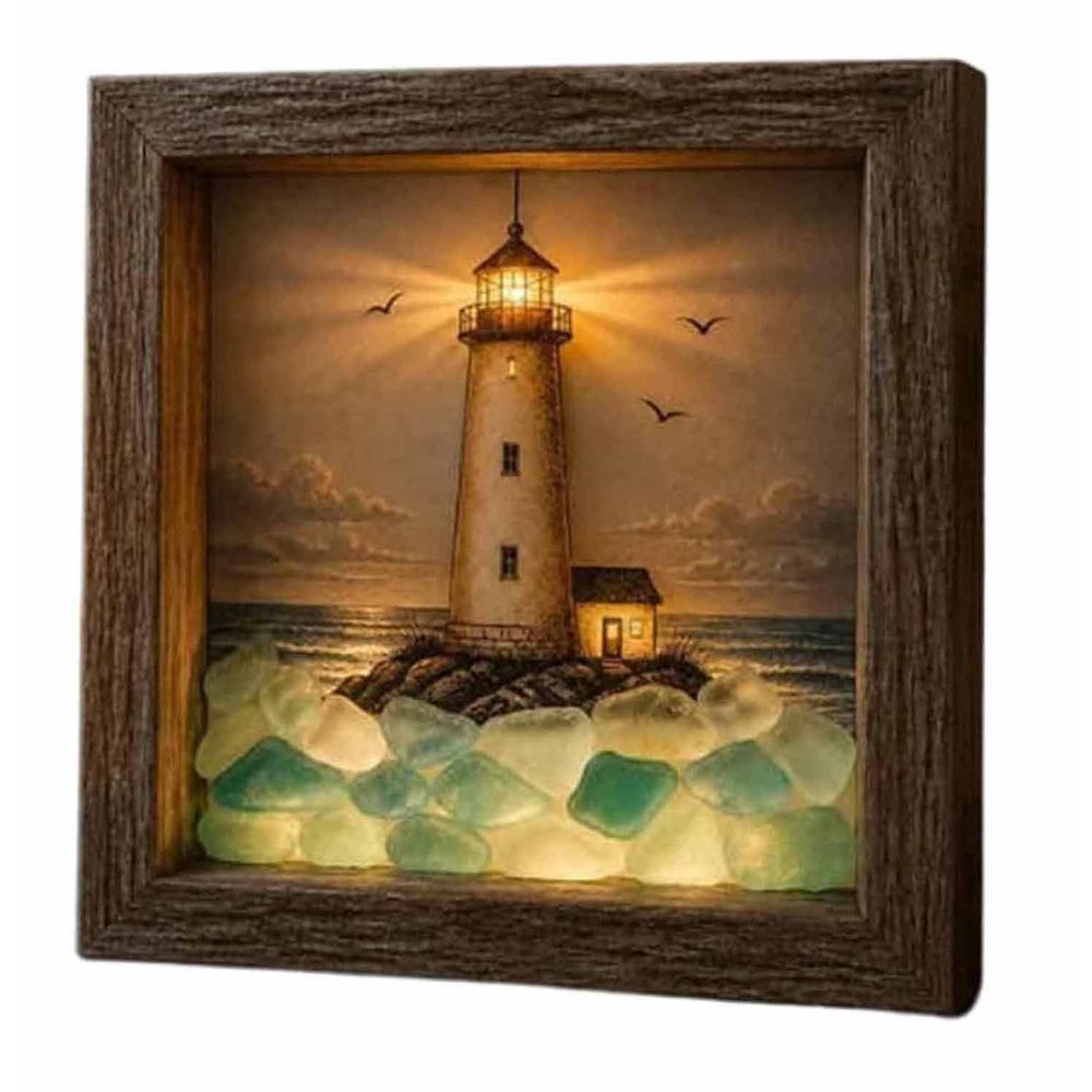 Coastal Lighthouse Sea Glass Shadow Box Night Light, Handmade Sea Glass Shadow Box with LED Warm Glow, Nautical Beach Ocean Wall Decor for Bedroom Shelf Entryway Home