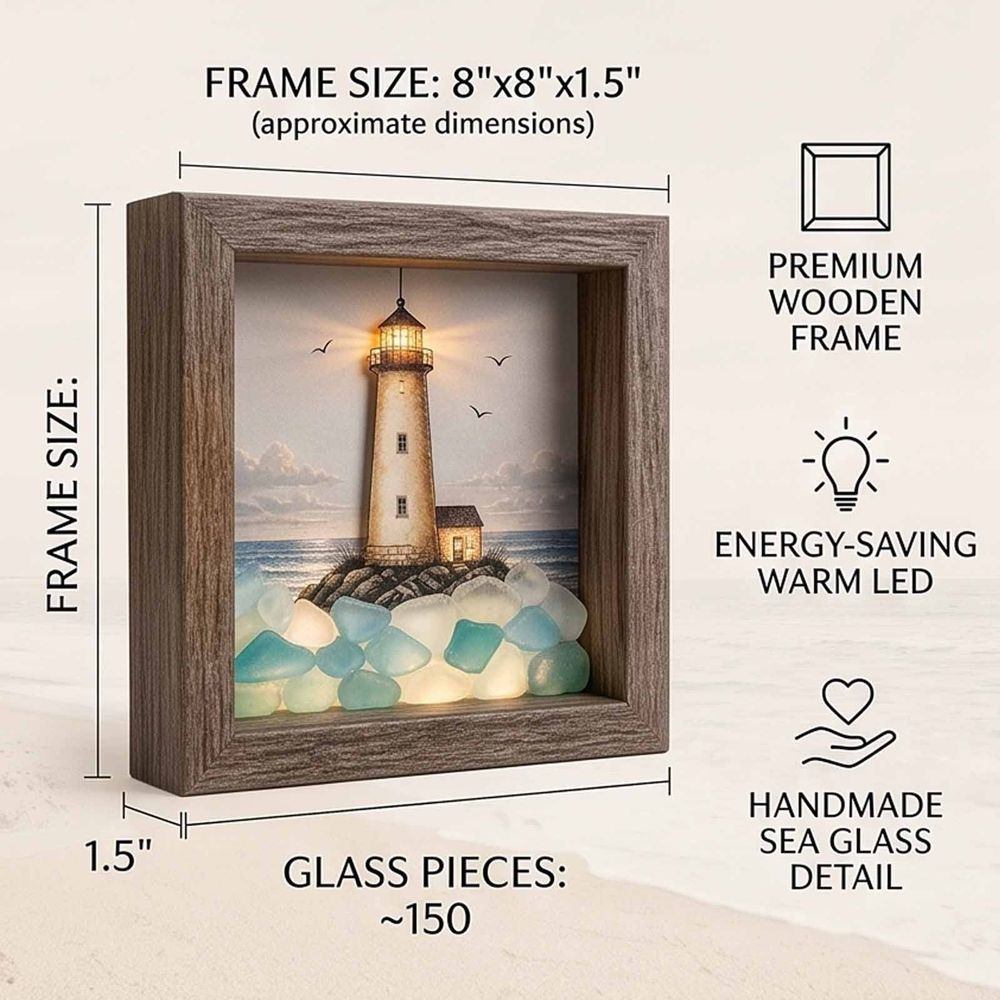 Coastal Lighthouse Sea Glass Shadow Box Night Light, Handmade Sea Glass Shadow Box with LED Warm Glow, Nautical Beach Ocean Wall Decor for Bedroom Shelf Entryway Home