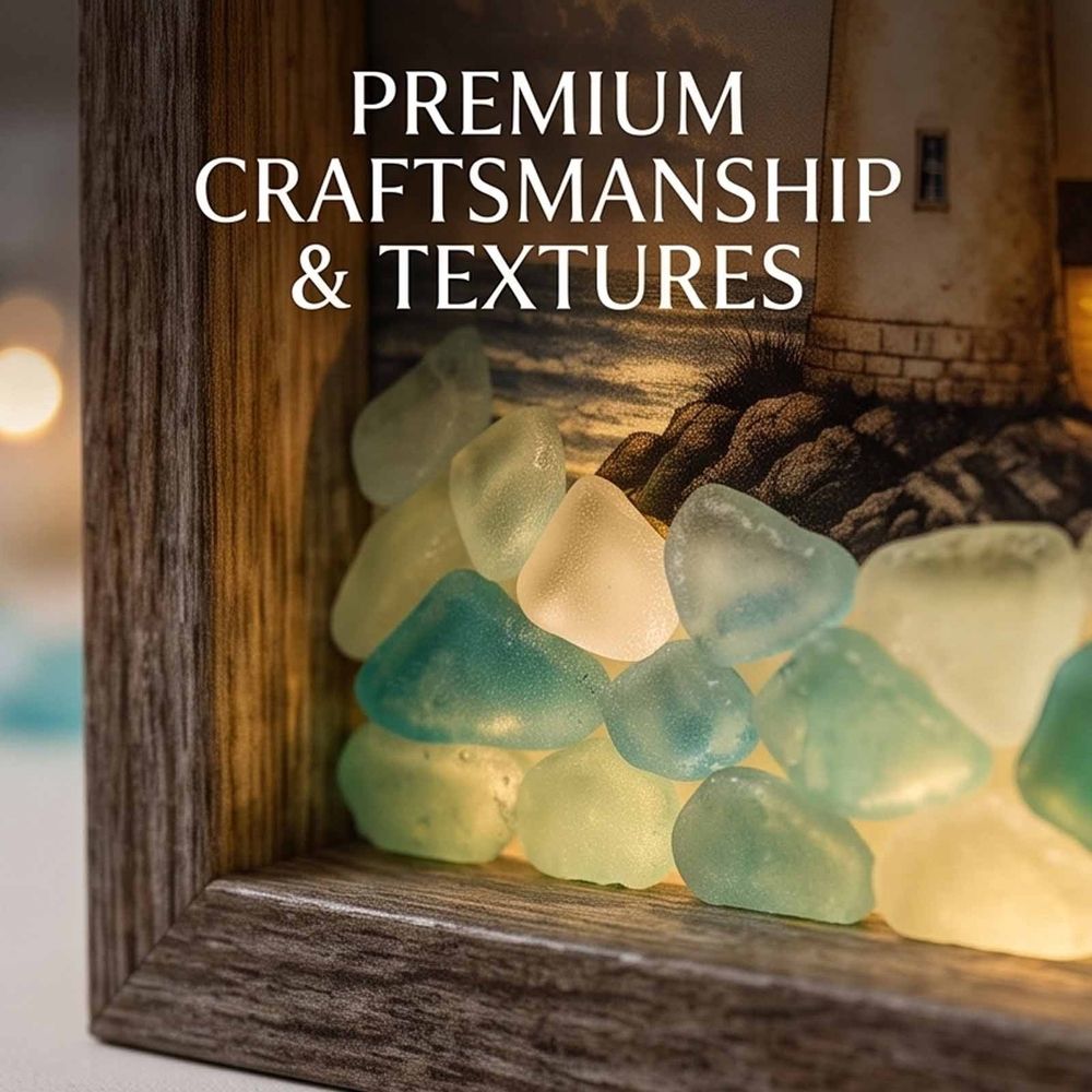 Coastal Lighthouse Sea Glass Shadow Box Night Light, Handmade Sea Glass Shadow Box with LED Warm Glow, Nautical Beach Ocean Wall Decor for Bedroom Shelf Entryway Home