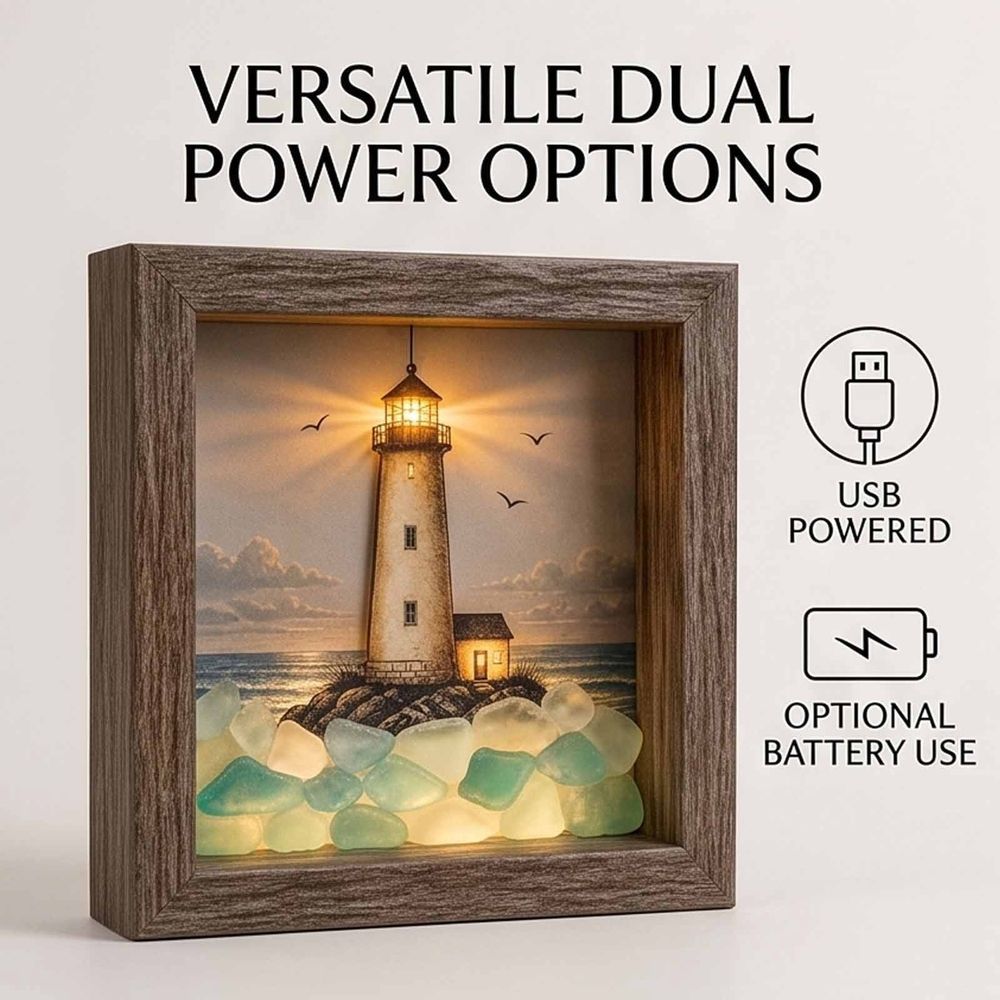 Coastal Lighthouse Sea Glass Shadow Box Night Light, Handmade Sea Glass Shadow Box with LED Warm Glow, Nautical Beach Ocean Wall Decor for Bedroom Shelf Entryway Home