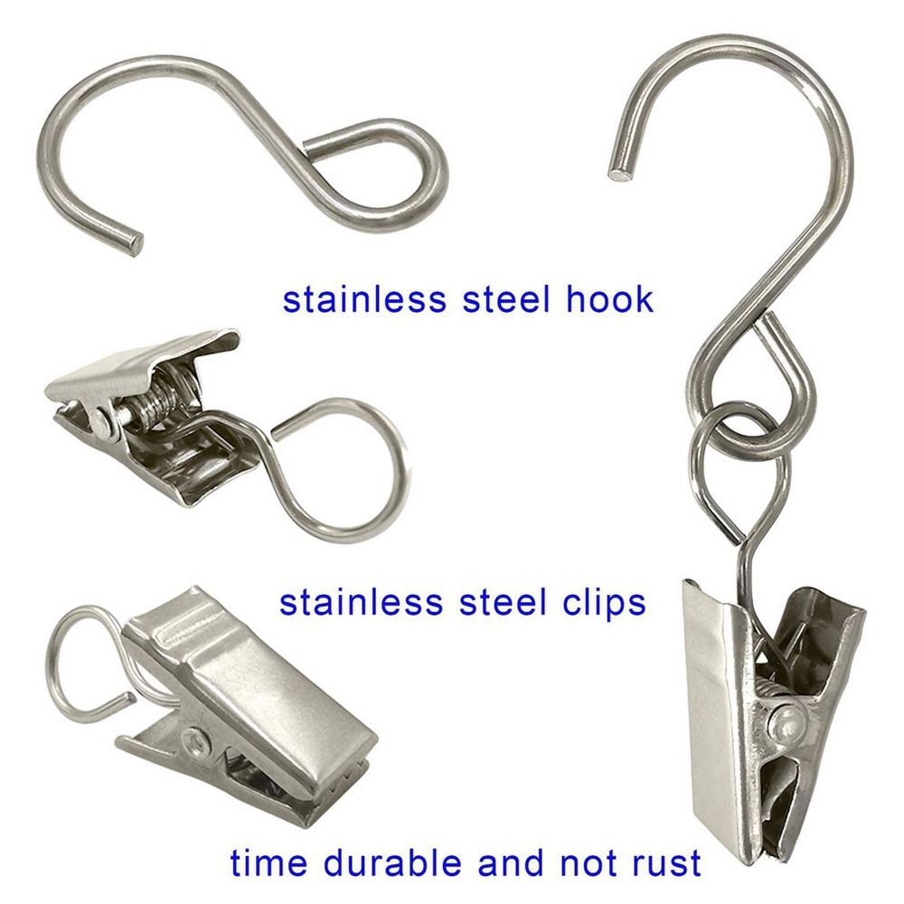 50Pcs Stainless Steel S Hooks Curtain Clips, Hanging Party Lights Clips, Camping Tents, Courtyards Decoration,Silver
