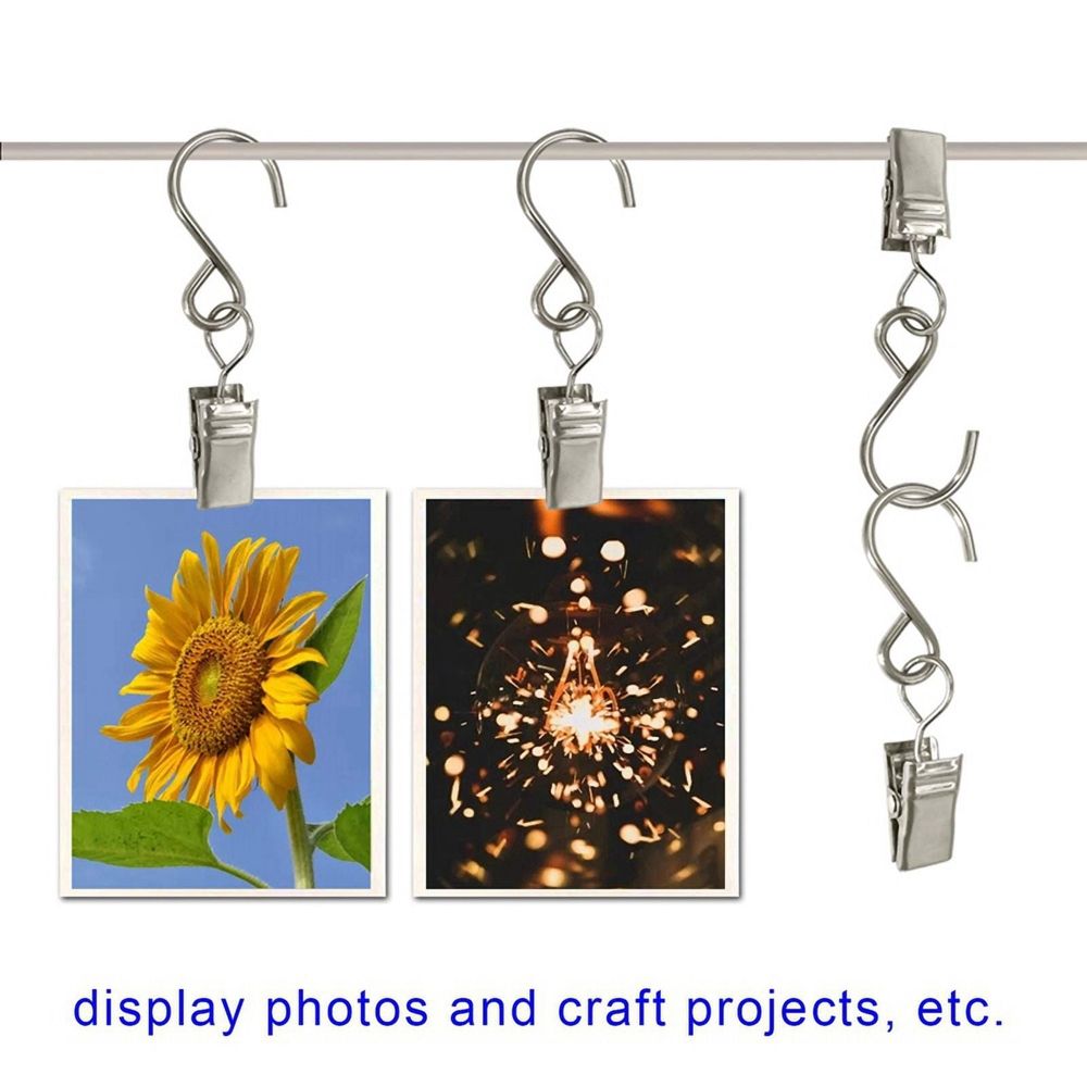50Pcs Stainless Steel S Hooks Curtain Clips, Hanging Party Lights Clips, Camping Tents, Courtyards Decoration,Silver