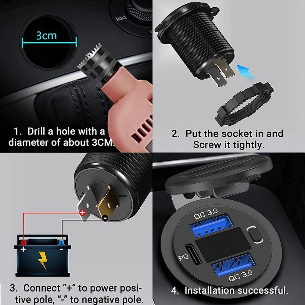 12V USB Outlet Dual Quick Charge with Voltmeter and Power Switch, Multifunction USB Charger Adapter for Car Marine Truck