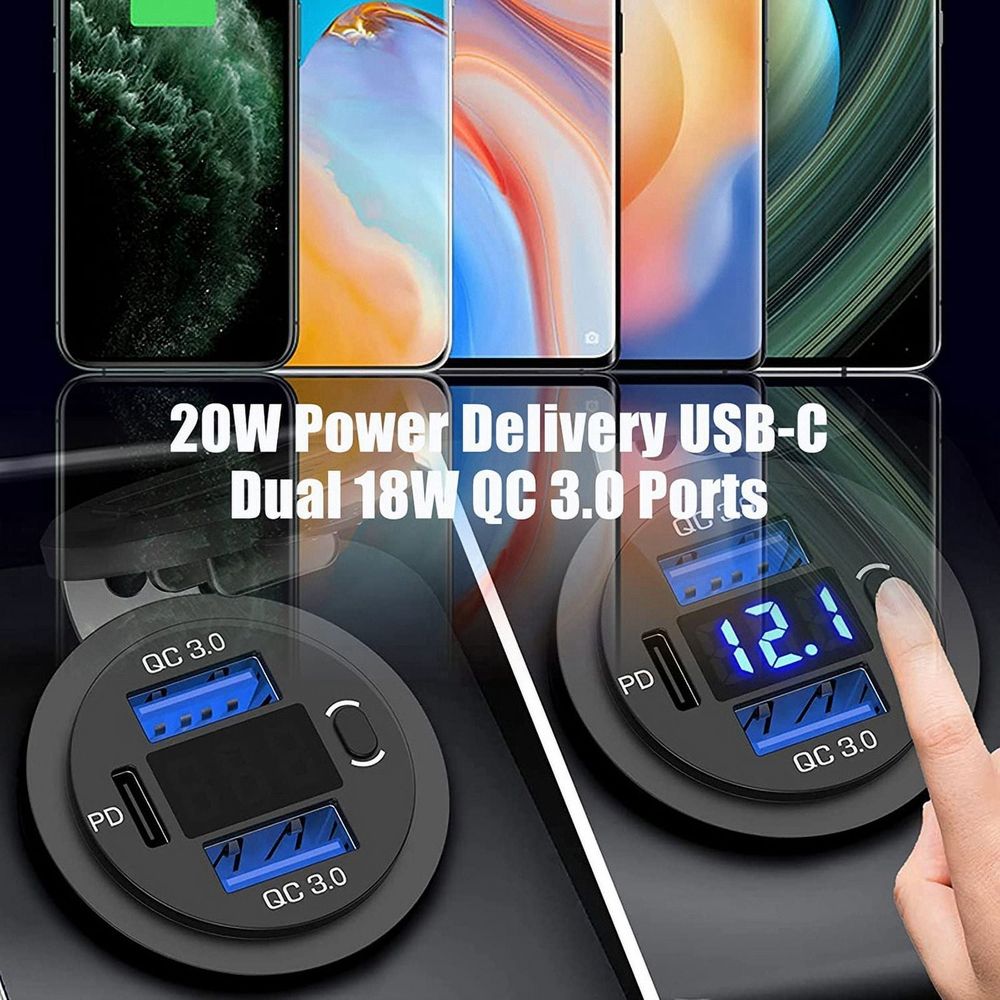 12V USB Outlet Dual Quick Charge with Voltmeter and Power Switch, Multifunction USB Charger Adapter for Car Marine Truck