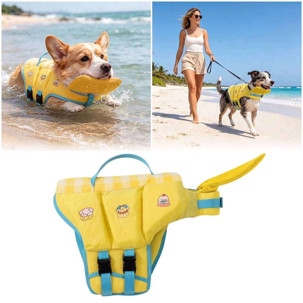 Dog Life Jacket,Adjustable Pet Floatation Vest with Rescue Handle,High-Visibility Safety Swimsuit for Medium Dogs,Beach Boating Swimming,Yellow