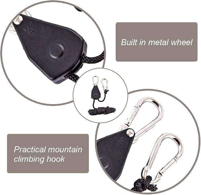 2 Pack 1/8in Heavy Duty Rope Hanger, Adjustable Ratchet Plant Light Slings Buckle Tent Canopy Rope Stop Buckle Tent Guy Ropes with Pulley for Outdoor Camping Hiking