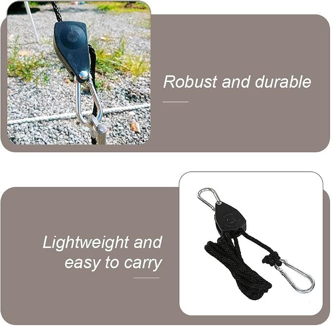2 Pack 1/8in Heavy Duty Rope Hanger, Adjustable Ratchet Plant Light Slings Buckle Tent Canopy Rope Stop Buckle Tent Guy Ropes with Pulley for Outdoor Camping Hiking
