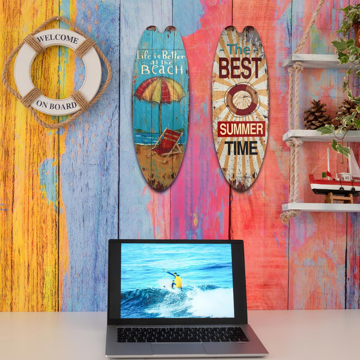 3pcs Surfboard Wall Decor, 17.6"X6.2" Surf Boards for Decorating, Beach Theme Decor Wooden Surfboard Wall Sign for Living Room