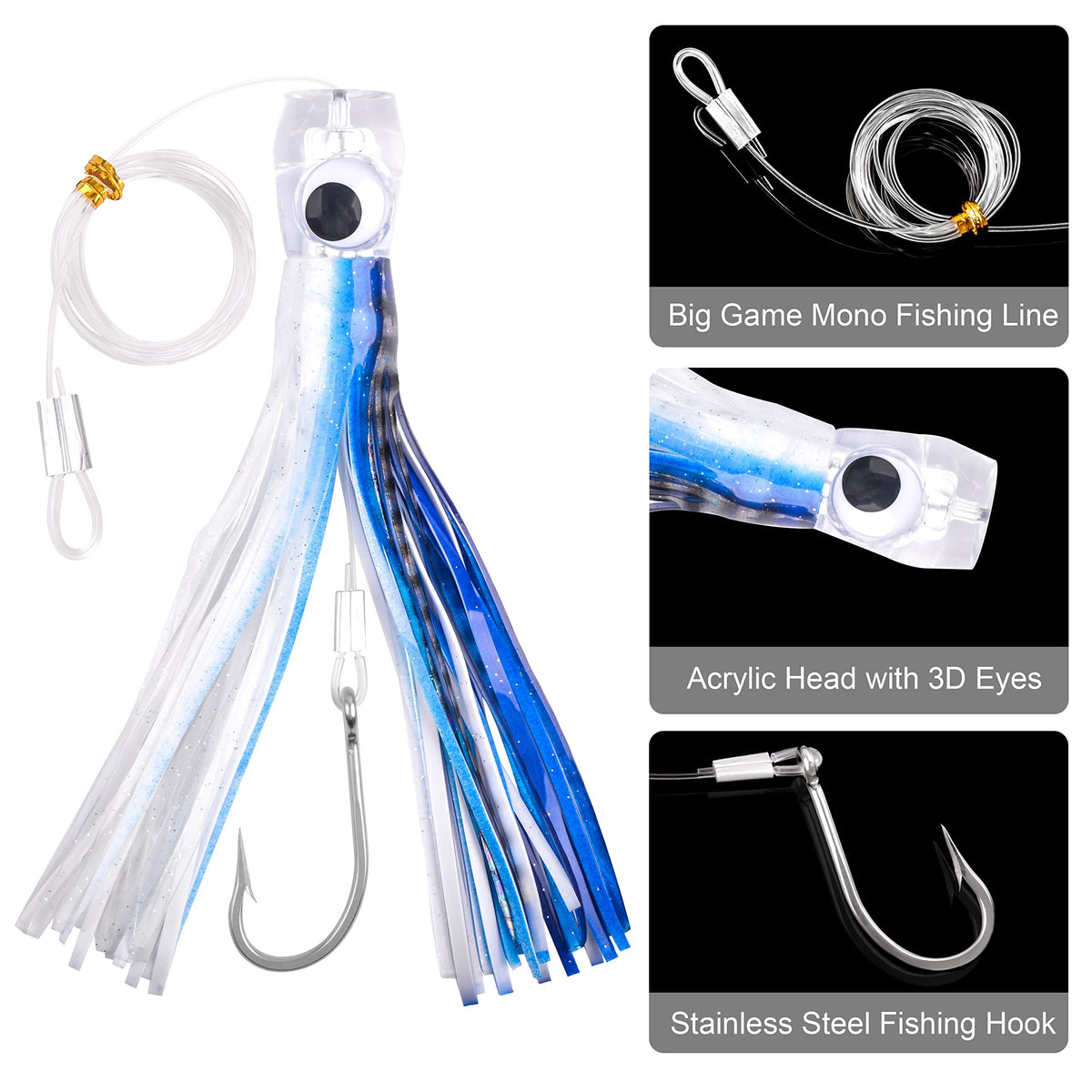 Lures Saltwater Fishing Lures, Offshore Big Game Lures for Tuna Marlin Deep Sea Fishing Lures Bait Rigged Squid Skirt Leader
