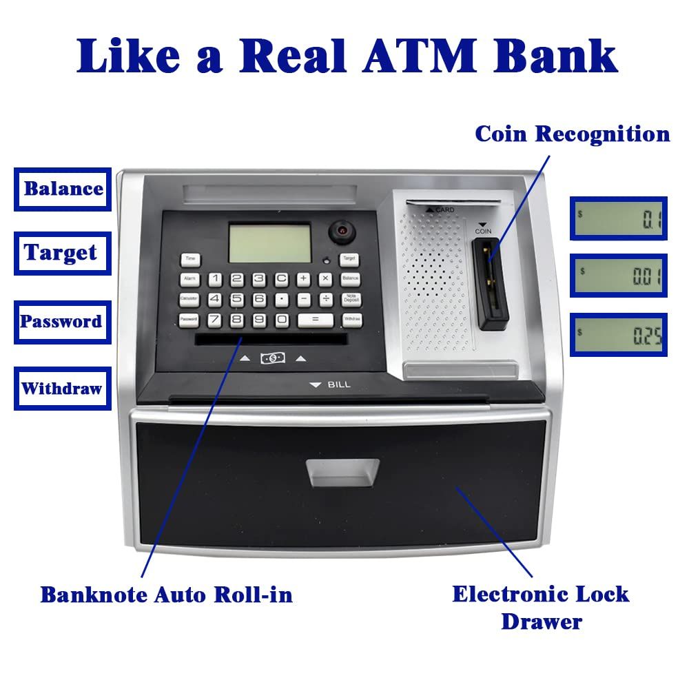 ATM Savings Bank with Debit Card, Electronic Piggy Bank for Real Money,  Targets Setting, Password Login (Black/Silver)