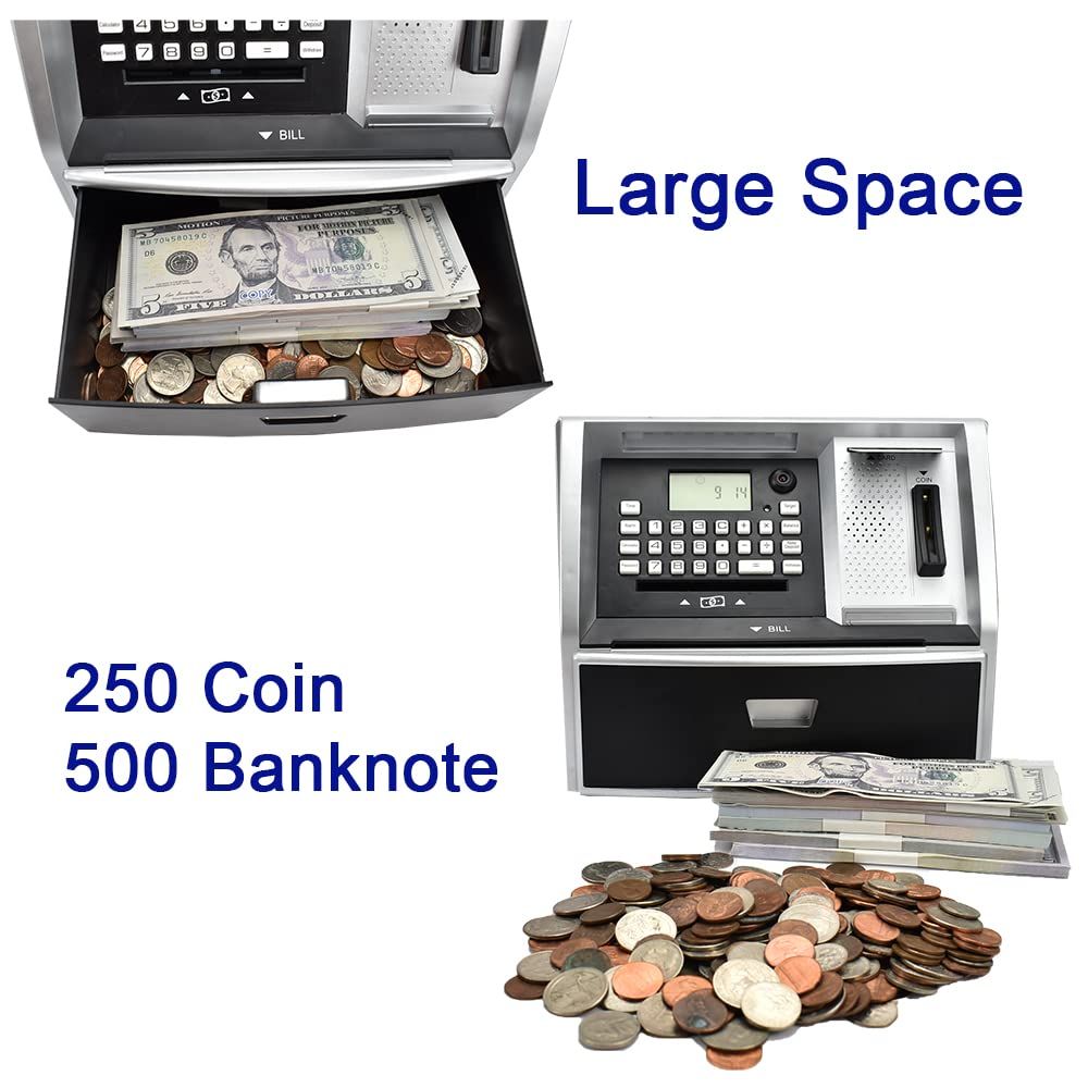 ATM Savings Bank with Debit Card, Electronic Piggy Bank for Real Money,  Targets Setting, Password Login (Black/Silver)