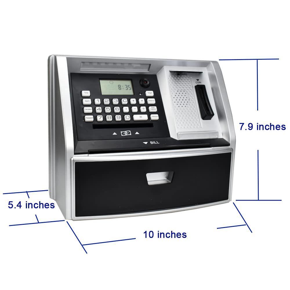 ATM Savings Bank with Debit Card, Electronic Piggy Bank for Real Money,  Targets Setting, Password Login (Black/Silver)