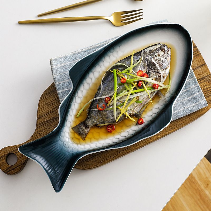 Fish Plate Ceramic Serving Platter Dish Fish Shape Textured Serving Dish Food Tray Party Platter for Fish Sushi Fruit or Cheese
