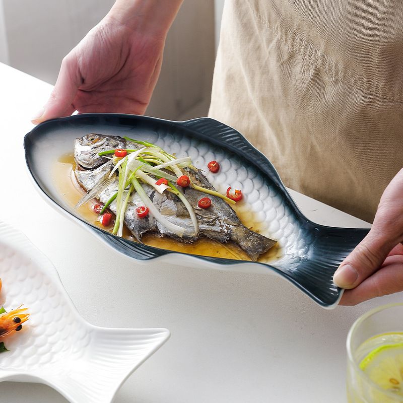 Fish Plate Ceramic Serving Platter Dish Fish Shape Textured Serving Dish Food Tray Party Platter for Fish Sushi Fruit or Cheese