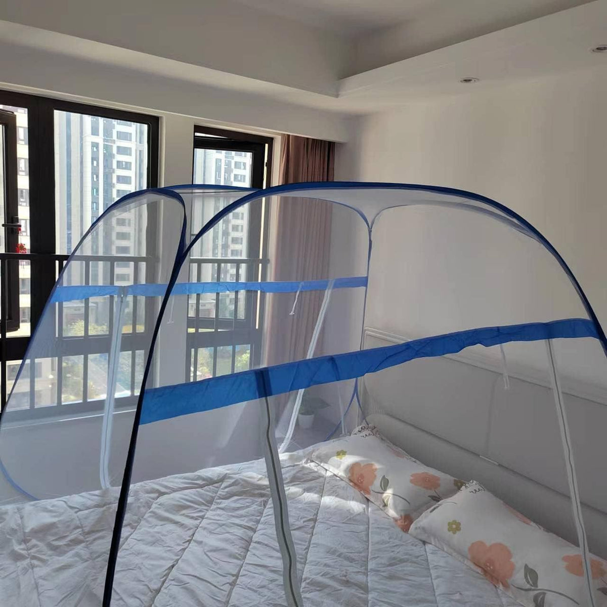 Pop Up Mosquito Net for Patio Bed Tent King Size Portable Mosquito Netting with Bottom Mesh Tent for Outside or Inside (Blue)