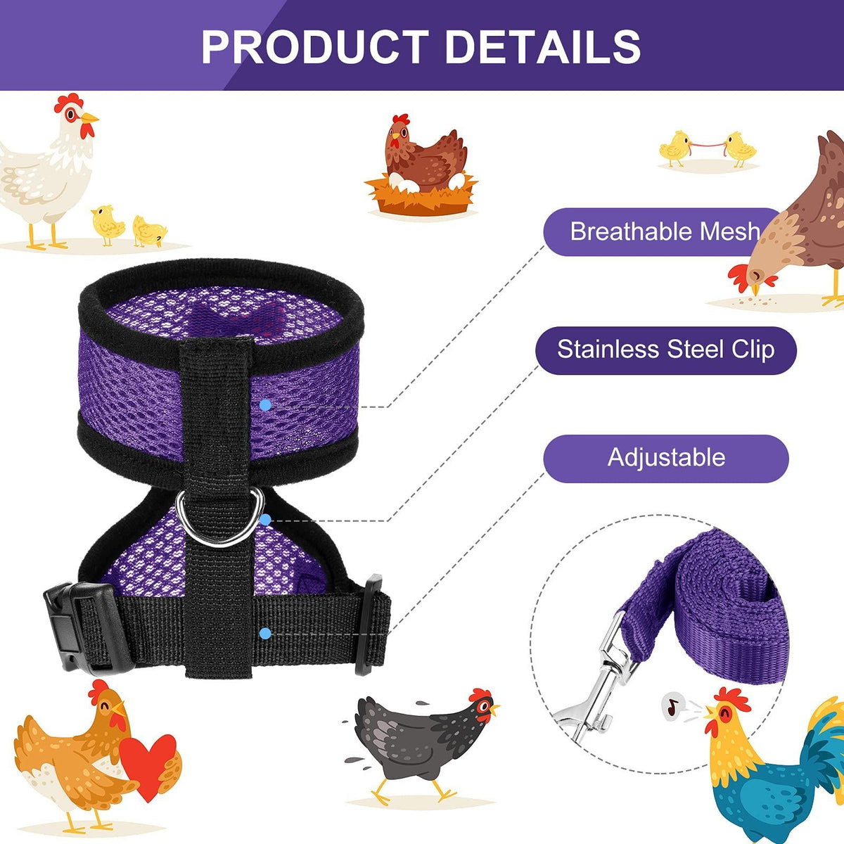 2PCS Adjustable Easter chicken strap and feather rooster comfortable vest with matching belt for breathability