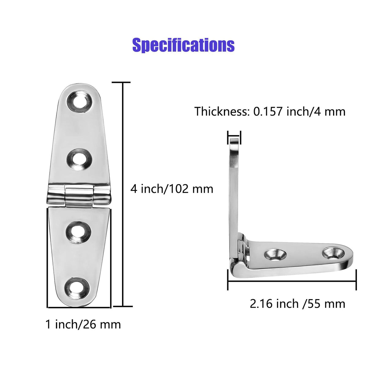 Boat Strap Hinges, Marine Hinges, 4 inch x 1 inch (102mm X 26 mm), Stainless Steel Hinges, Metal Hinges, with Screws (4 PCS)