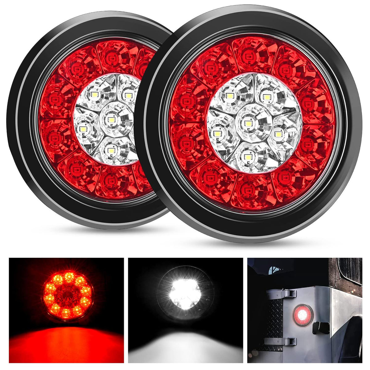 2PCS 4" Round Red White LED Trailer Tail Lights 16LEDs w/Flush Mount Grommets IP67 Waterproof Stop Brake Running Reverse