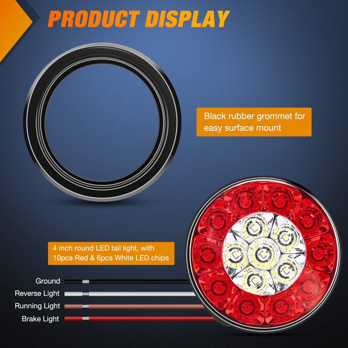 2PCS 4" Round Red White LED Trailer Tail Lights 16LEDs w/Flush Mount Grommets IP67 Waterproof Stop Brake Running Reverse